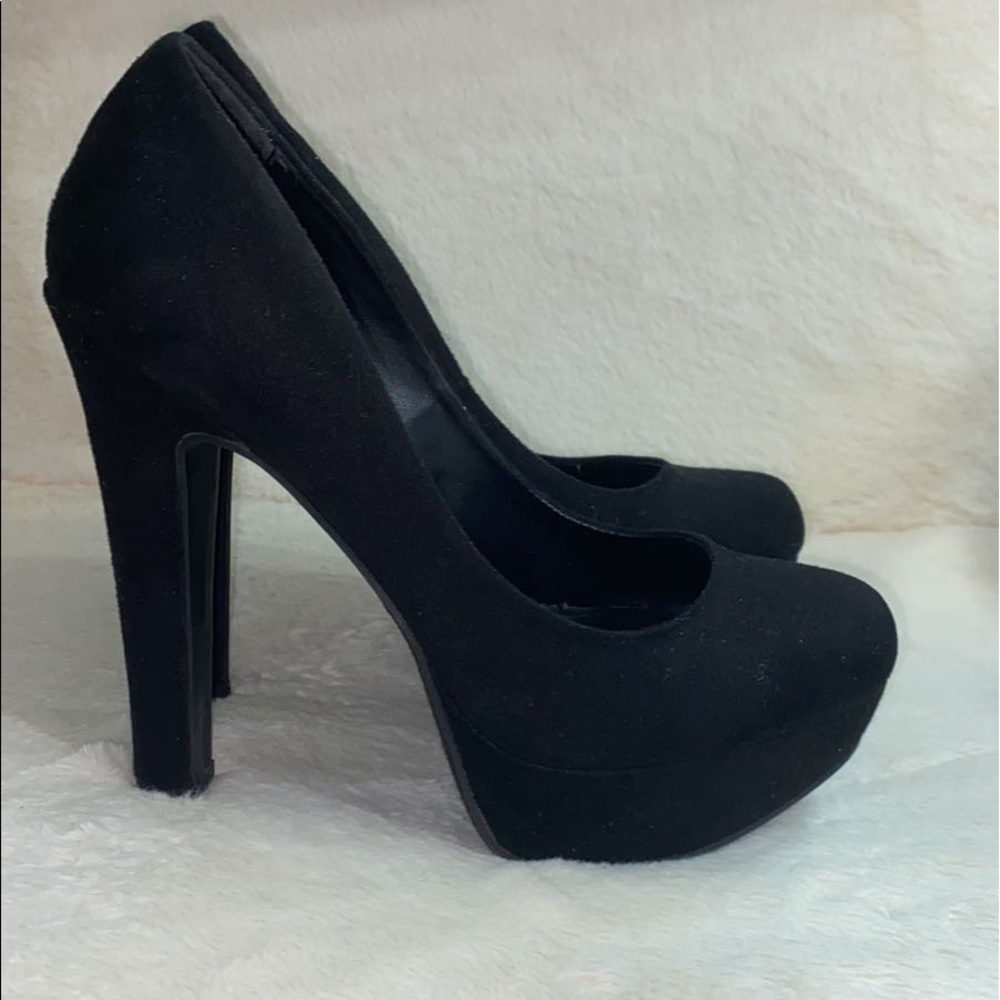 Black suede platform heels